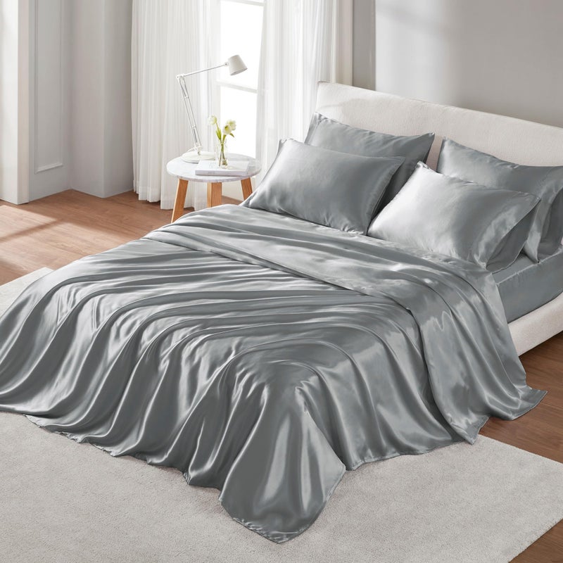 Madison Park Essentials Satin Sheet Set Luxury and Silky with Natural Sheen, Elastic 14" Pocket fits up to 16" Mattress, All Around Elastic - Year-Round Bedding, King, Grey, 6 Piece - Image 1